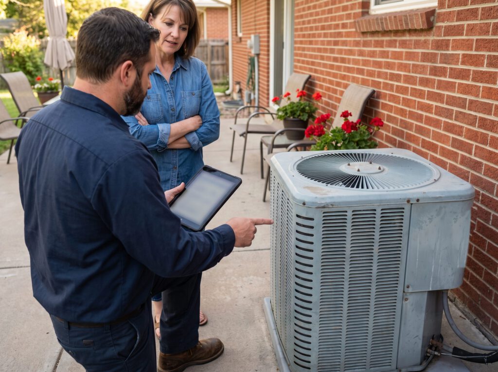 HVAC technician with a tablet pointing out an old, weathered AC condenser to a homeowner on her brick home's patio