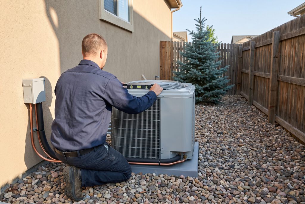 HVAC technician kneeling beside a new outdoor AC condenser in a home's side yard, checking that it sits level