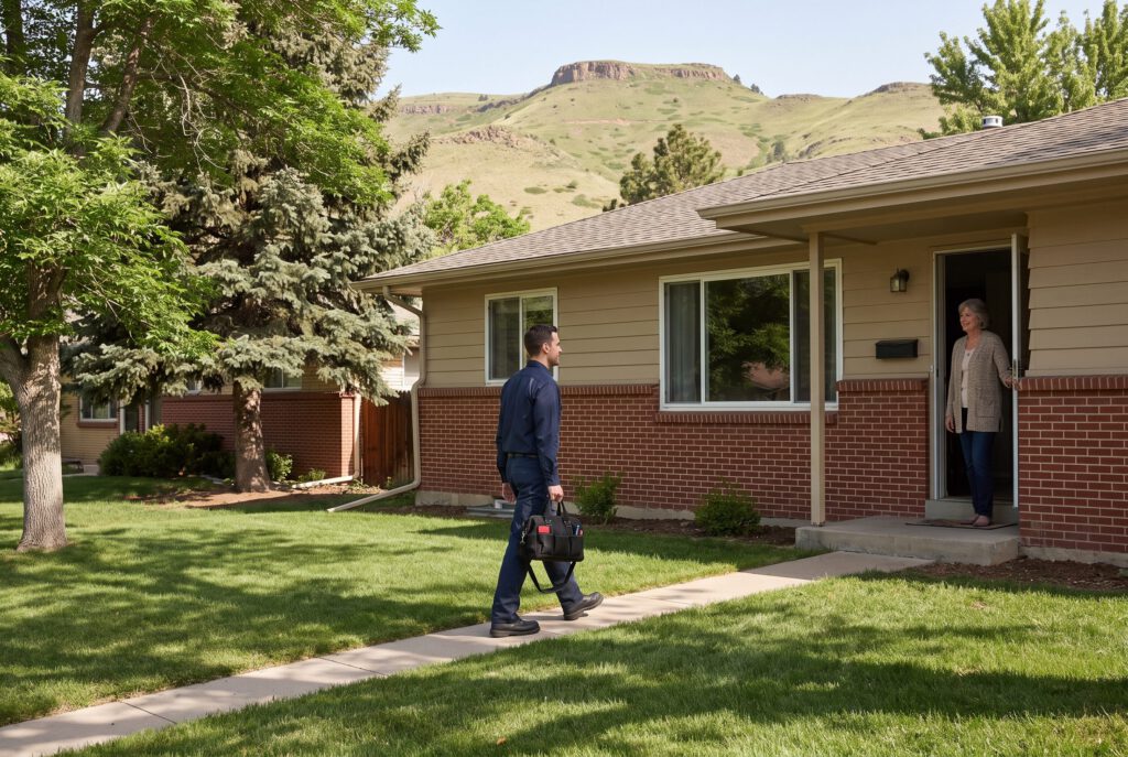 HVAC technician walking up to a brick ranch home as the homeowner opens the front door, foothills behind the neighborhood