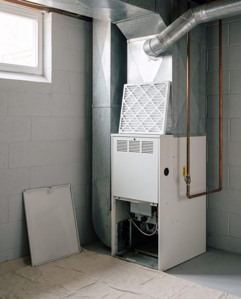 Basement gas furnace during a tune-up, access panel removed and a new air filter on top