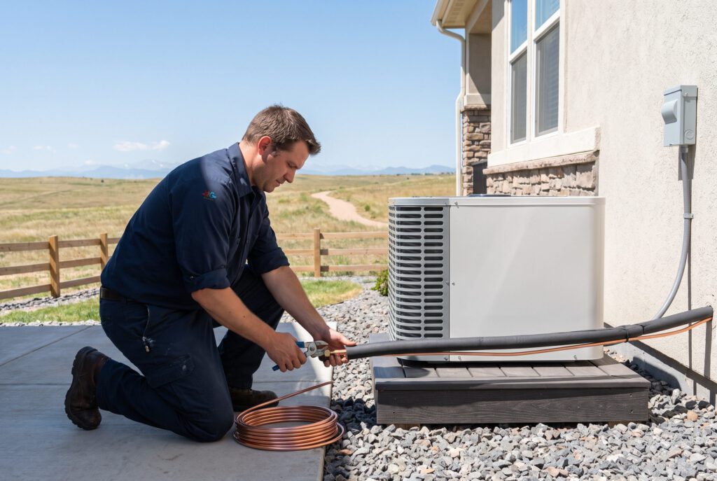 HVAC technician connecting the copper line set to a new AC condenser behind a stucco home, open plains beyond the fence