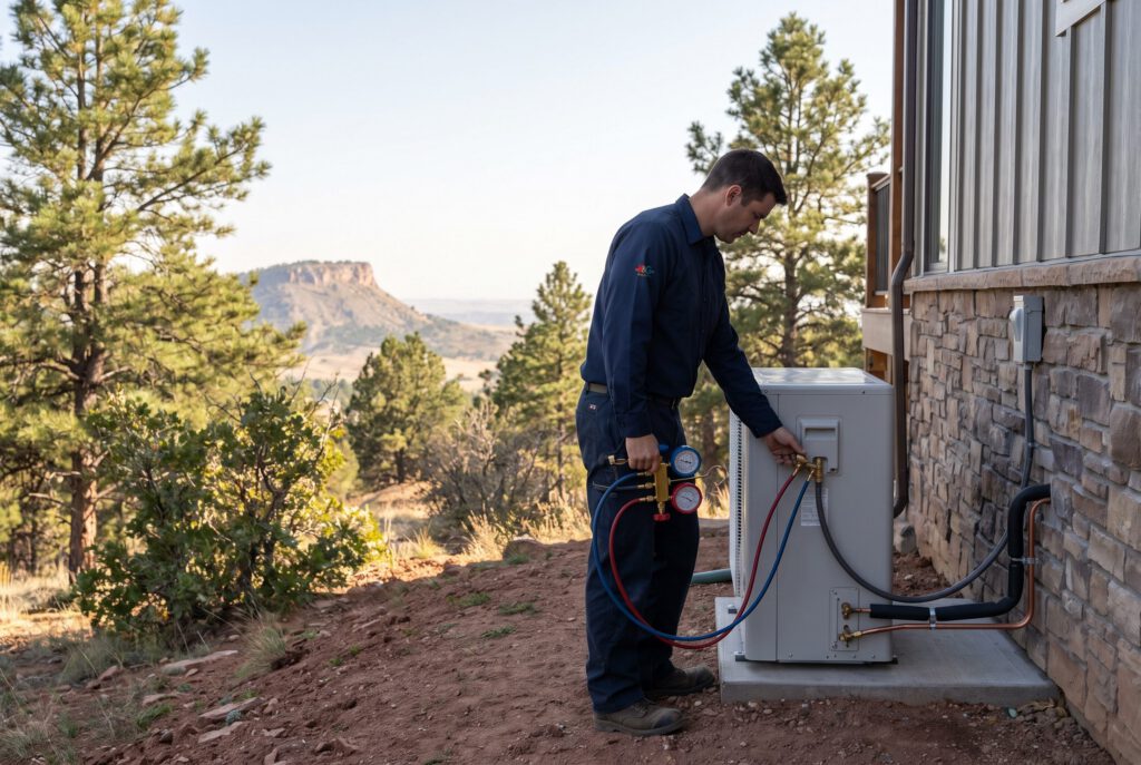 HVAC technician checking a heat pump outdoor unit beside a hillside home among ponderosa pines, a butte in the distance