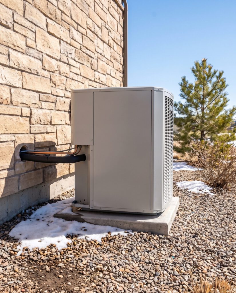 Heat pump outdoor unit beside a stone-veneer wall with patches of melting snow and a young pine
