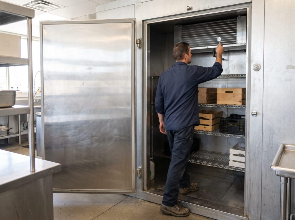 HVAC technician checking the evaporator coil inside a restaurant's walk-in cooler