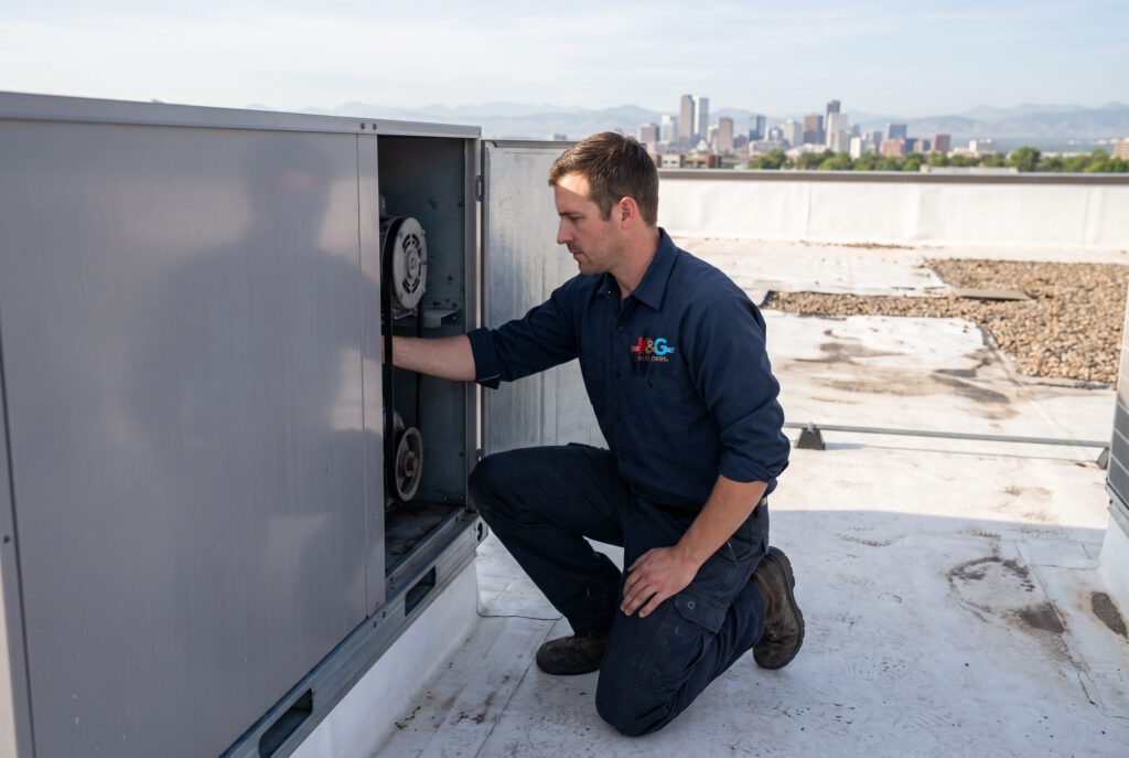 HVAC technician servicing a packaged rooftop unit on a commercial roof, Denver skyline and mountains in the distance