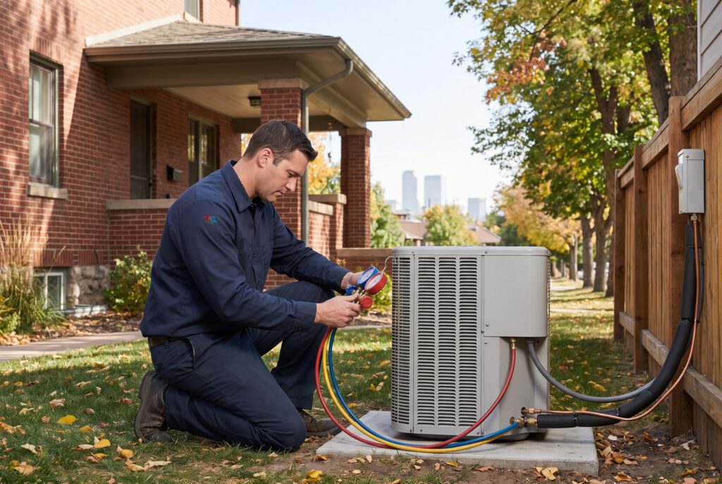 HVAC technician checking refrigerant pressures at an AC condenser beside a red-brick bungalow on a tree-lined street, city skyline in the distance