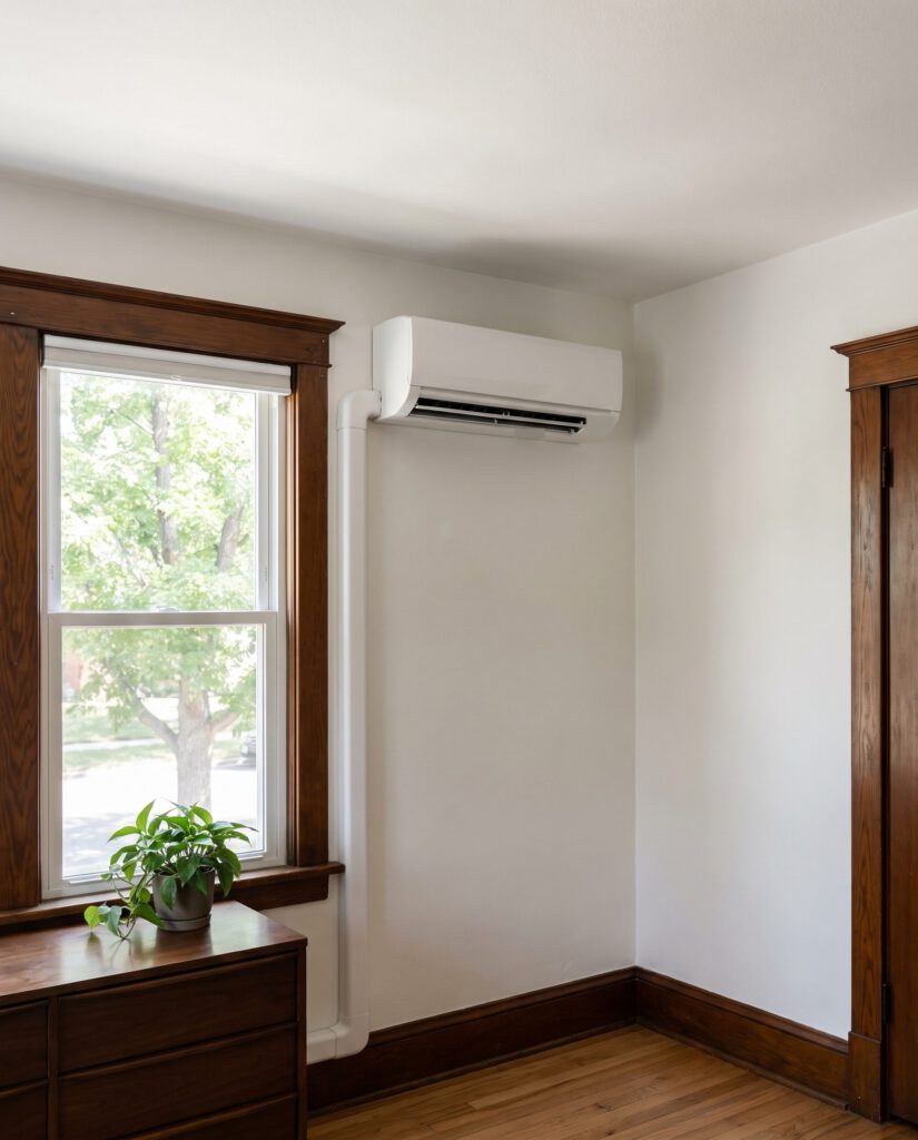Ductless mini-split mounted in the bedroom of an older home with dark-stained wood window trim