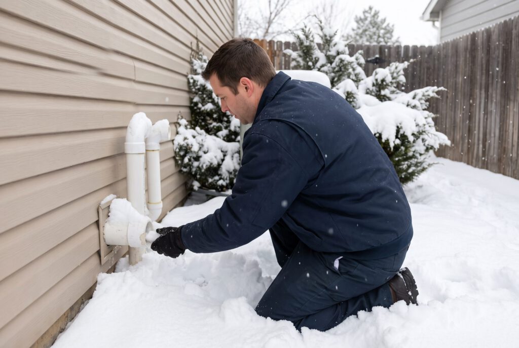 HVAC technician kneeling in deep snow to clear ice from a furnace's PVC vent pipes on the side of a home