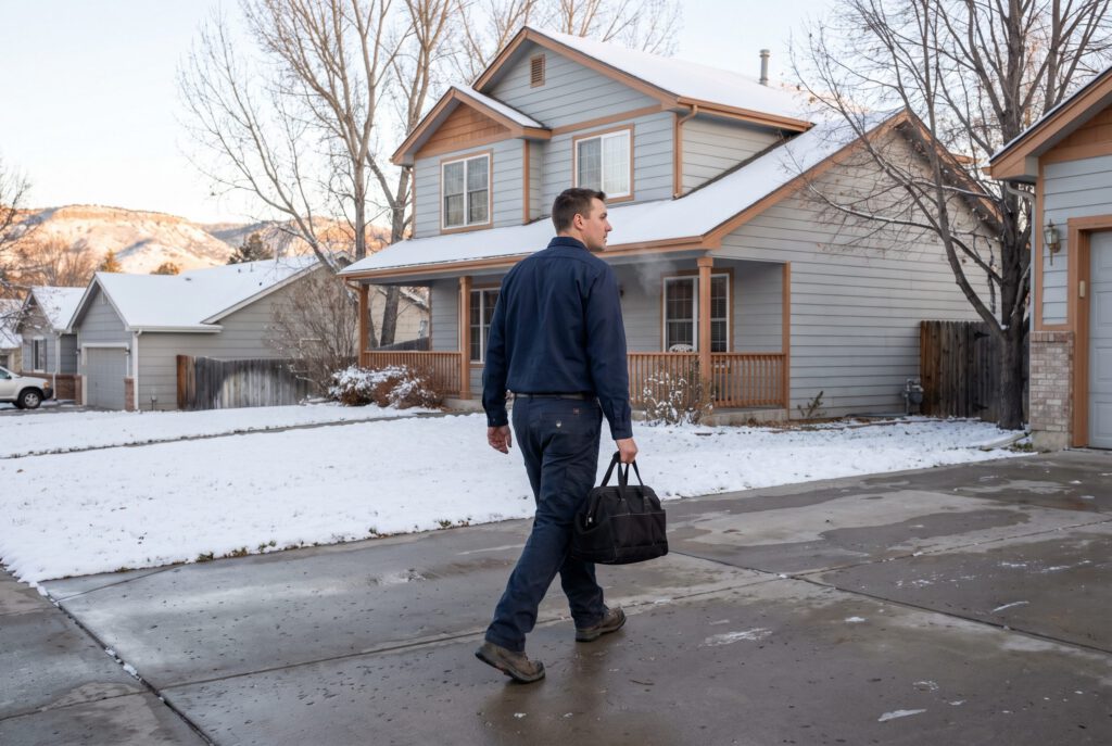 HVAC technician carrying a tool bag across a snowy driveway on a cold morning, snow-dusted foothills to the west