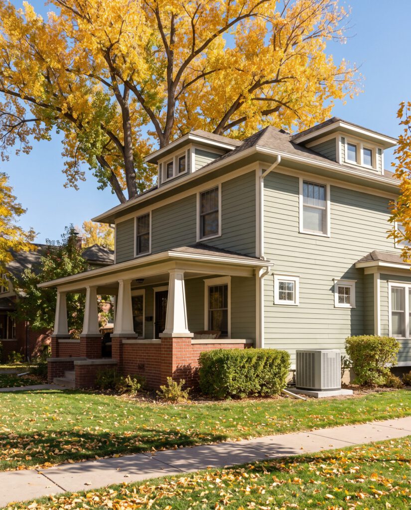 Craftsman-style family home in fall with a central air conditioner beside the porch