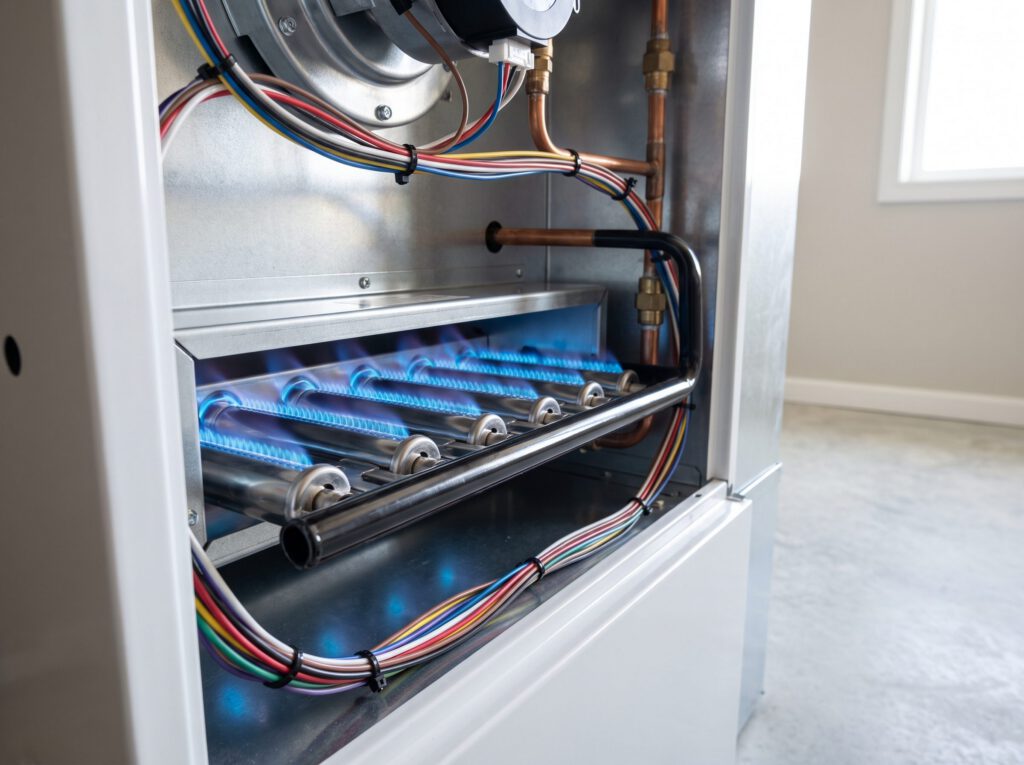 Close-up of clean blue burner flames inside a new gas furnace with its access panel open