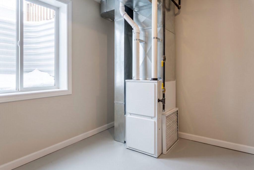 Newly installed white gas furnace with new ductwork and PVC vent pipes in a clean basement utility room, snow in the window well