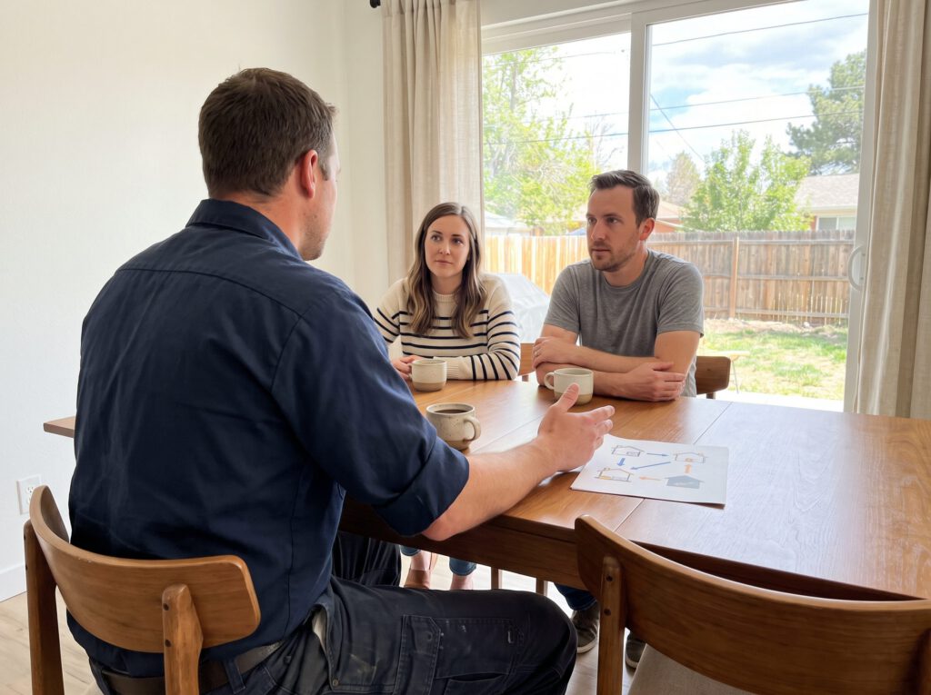 HVAC technician explaining a simple heat pump diagram to a couple at their dining table