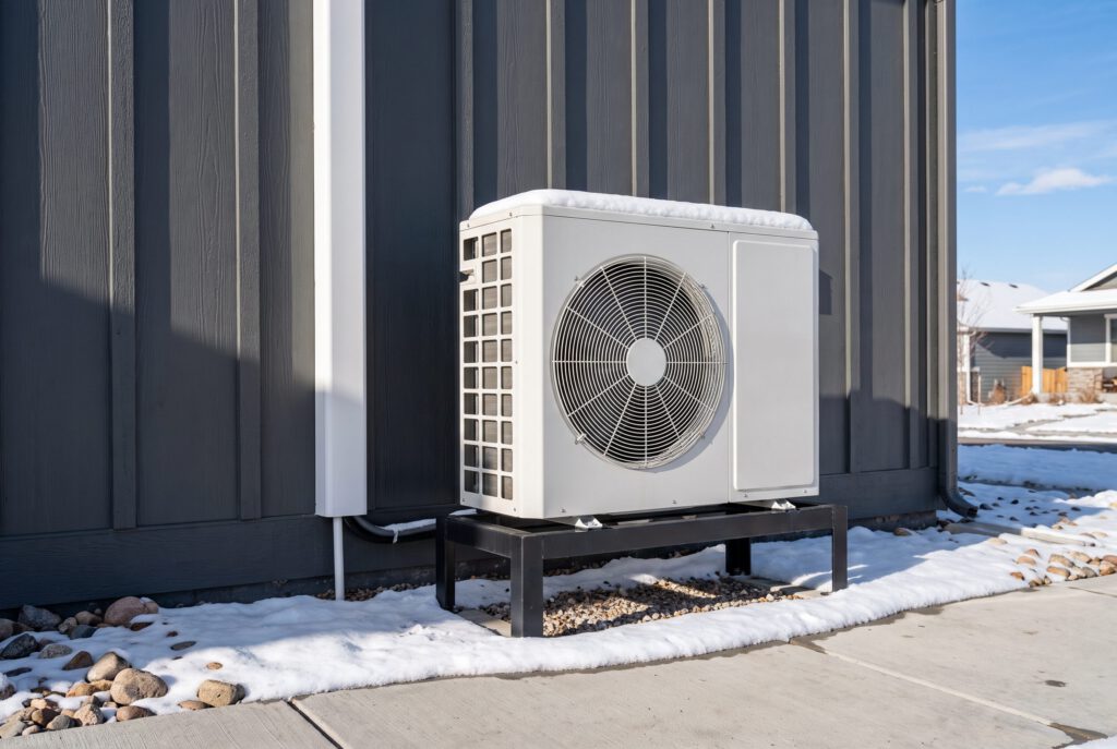 White heat pump outdoor unit on a raised stand beside a dark gray home, with snow on the ground