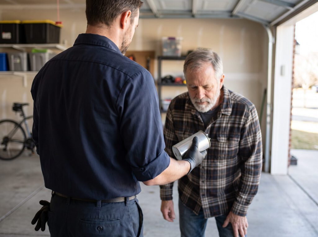 HVAC technician showing a homeowner a failed AC capacitor in his gloved hand inside a home's garage