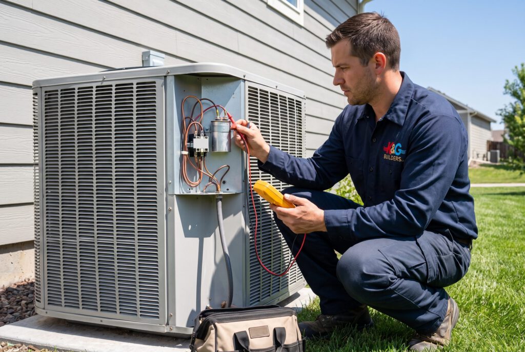 HVAC technician testing an outdoor AC unit's run capacitor with a multimeter at the open electrical panel