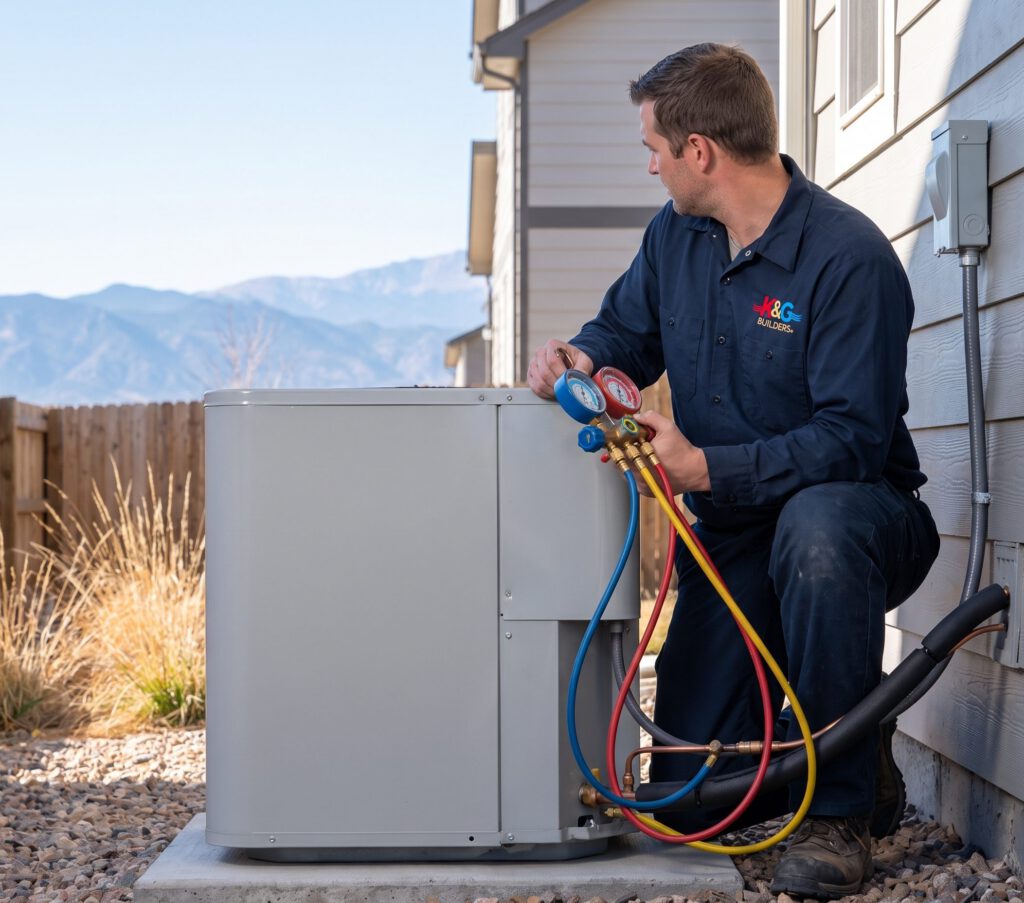 HVAC technician in a navy uniform checking refrigerant pressures with manifold gauges at an outdoor AC condenser beside a Colorado home, mountains in the distance
