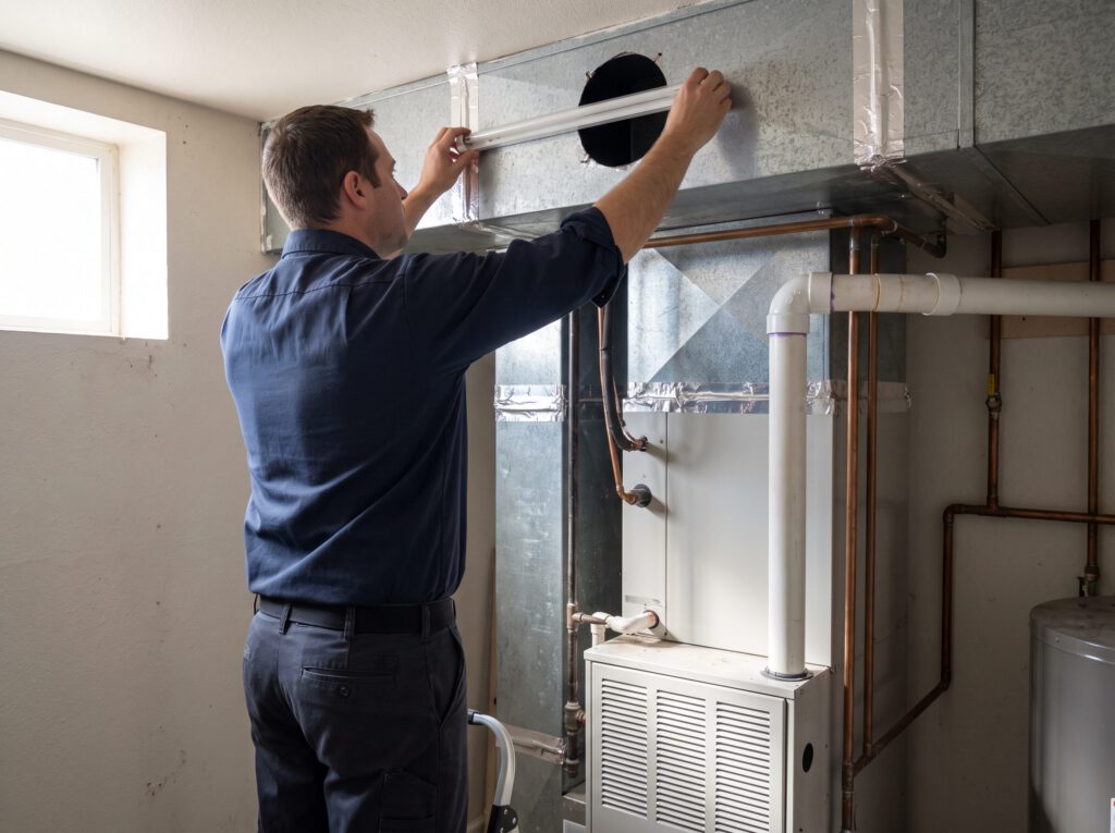 HVAC technician installing a UV air purifier lamp into the supply duct above a basement furnace