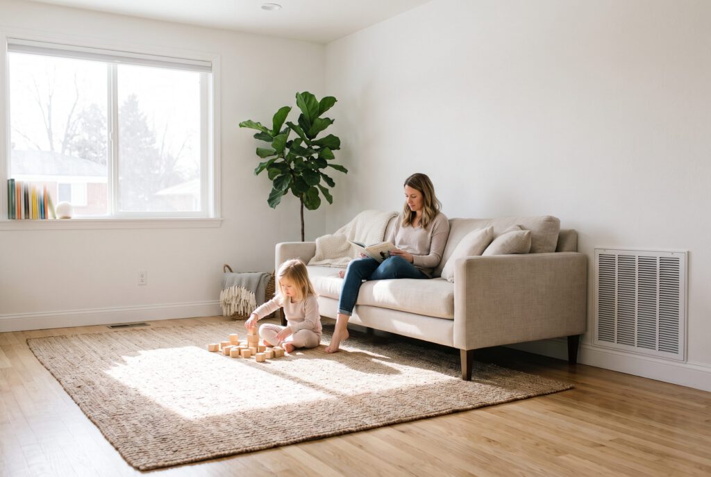 Mother reading on a sofa while her daughter plays with blocks in a bright, sunlit living room with a wall return-air grille