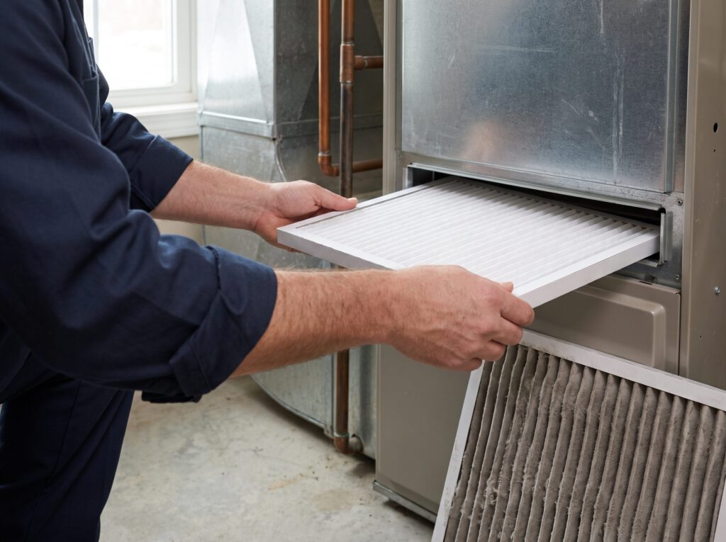 Hands sliding a clean pleated air filter into a basement furnace, with the old dusty filter below