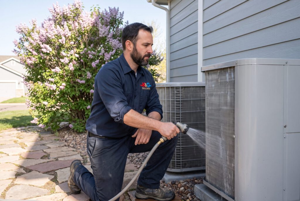 HVAC technician rinsing the coil fins of an outdoor AC condenser with a garden hose beside a blooming lilac