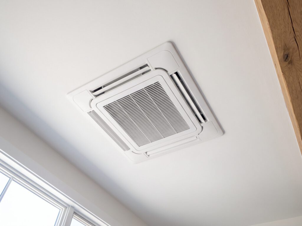 White ductless ceiling cassette unit set flush into a home's white ceiling