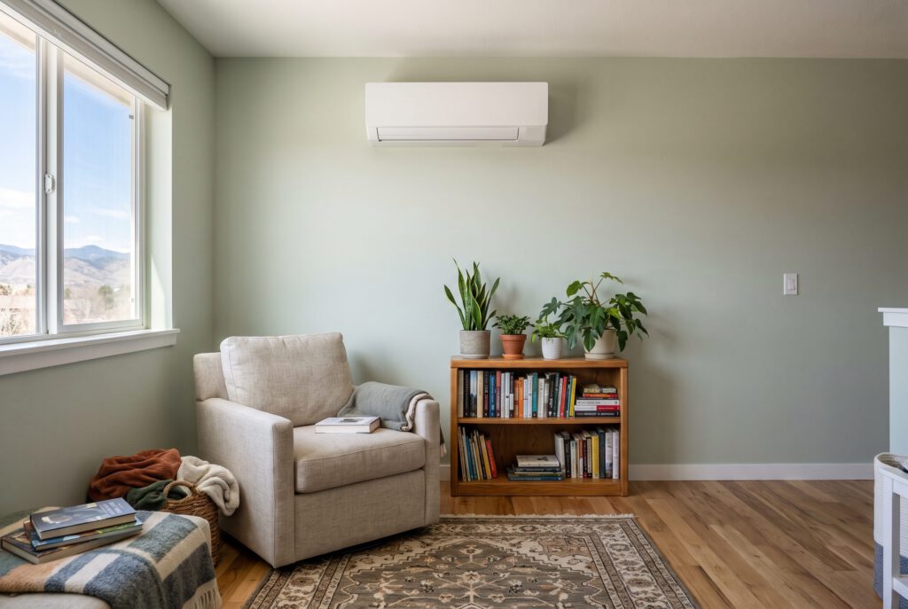 White ductless mini-split mounted high on a sage-green wall above a reading chair and bookshelf, foothills visible through the window