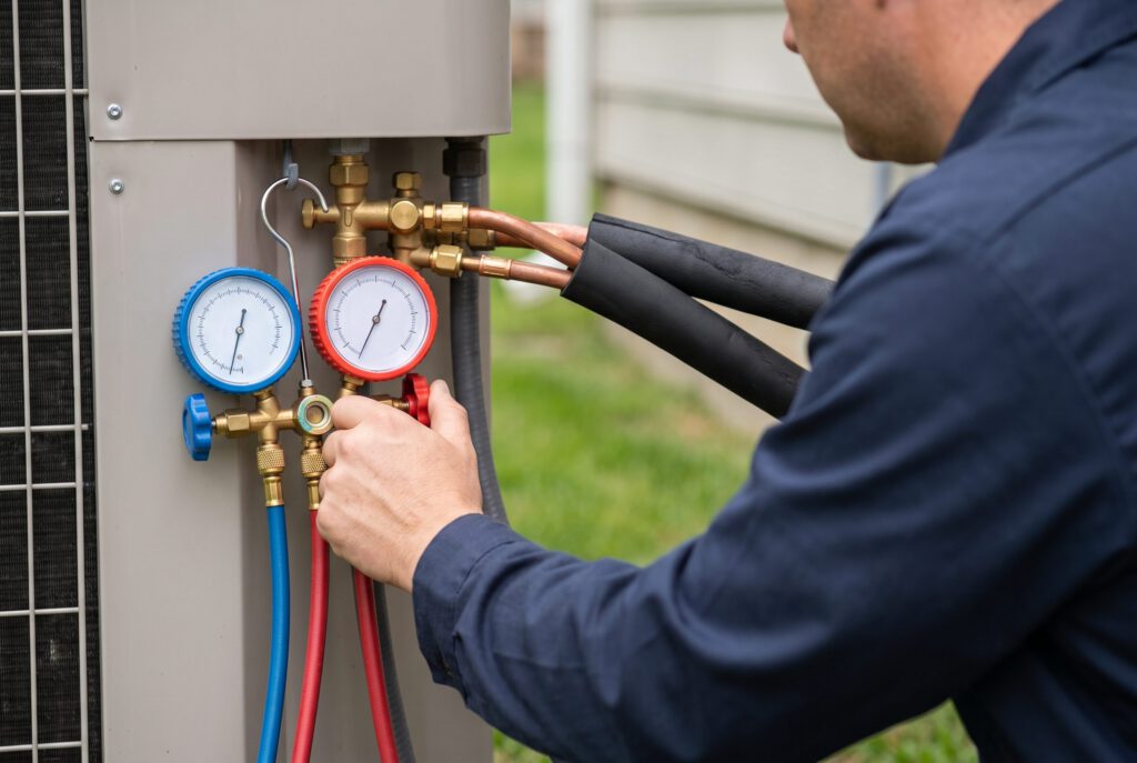 Technician's hand adjusting a refrigerant manifold gauge set connected to an outdoor AC unit's service ports