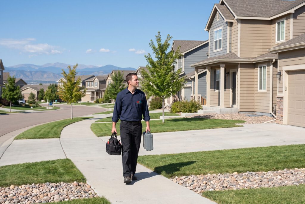 HVAC technician in a navy uniform walking up the front walk of a two-story suburban home with a tool bag, Front Range mountains in the distance