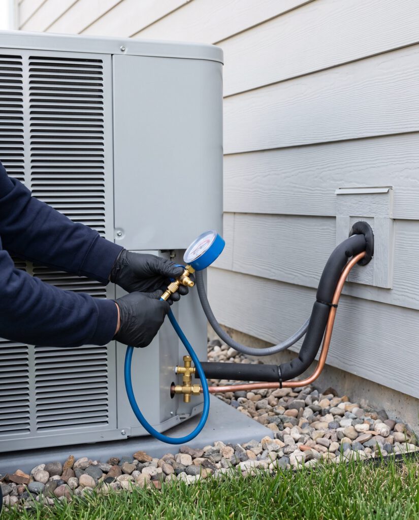 Gloved hands connecting a refrigerant gauge hose to the service valve of an outdoor AC unit beside a home's siding